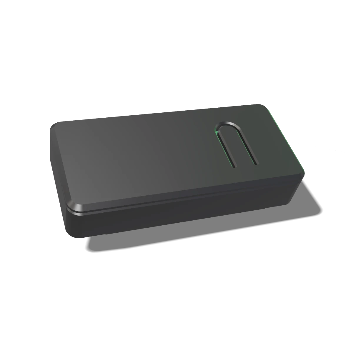 The Blipfrog Adapter in black: a small matte 3D-printed case, Blip engraved on the underside.