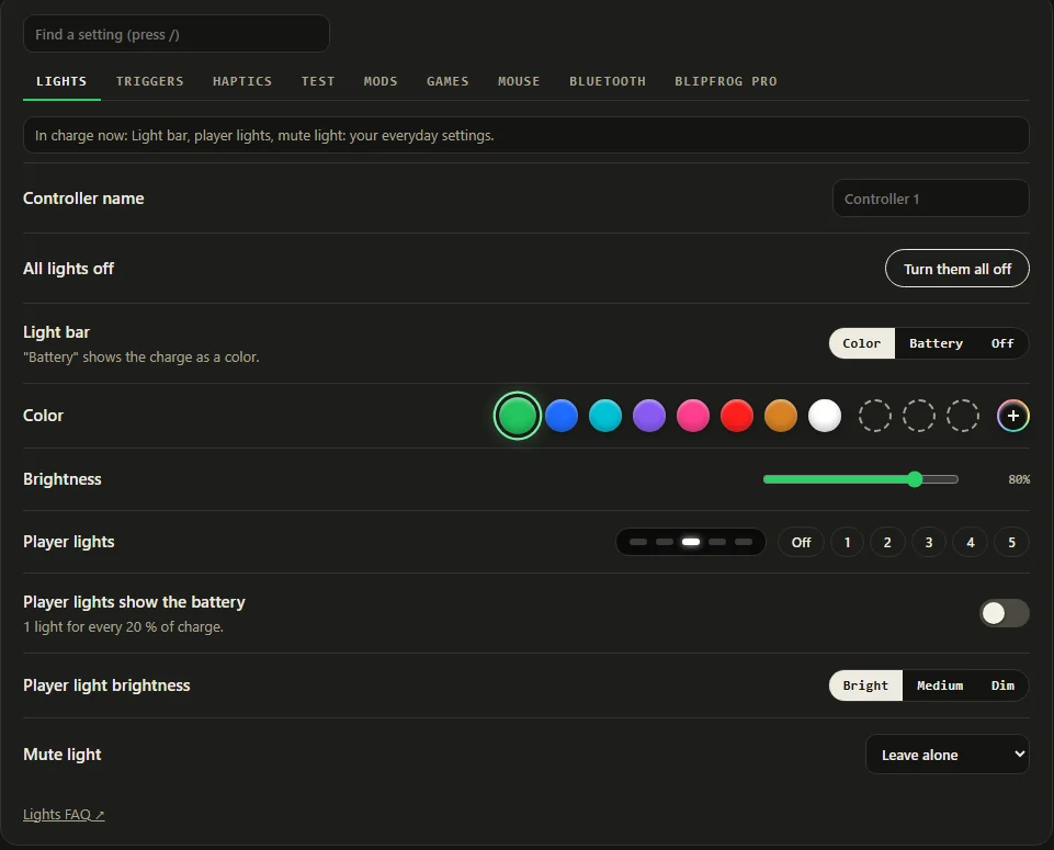 The Blipfrog app in dark mode, Lights tab: light bar color swatches, brightness, player lights and the mute light setting.