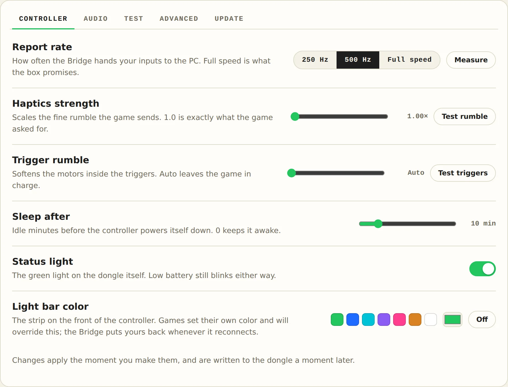 The Blipfrog Bridge control panel: tabs for Controller, Audio, Test, Advanced and Update, with a report rate switch, haptics and trigger sliders, a status light toggle and light bar colour swatches.